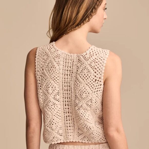 Lucky Brand XL Blush Pink Square Crochet Front Tie Cropped Festival Vest - Picture 3 of 15